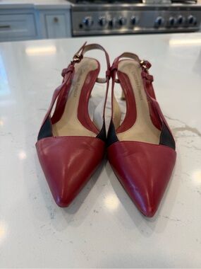 Carolinna Espinosa Burgundy Pointed-Toe Slingback Pumps with Black Accents